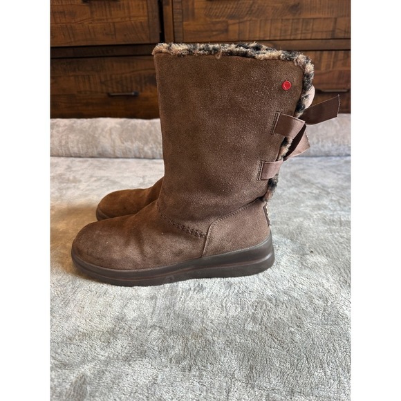 UGG Suede Leather Tall Boots Brown Bow Accents Leopard Print Trim Size 9 - Picture 4 of 7
